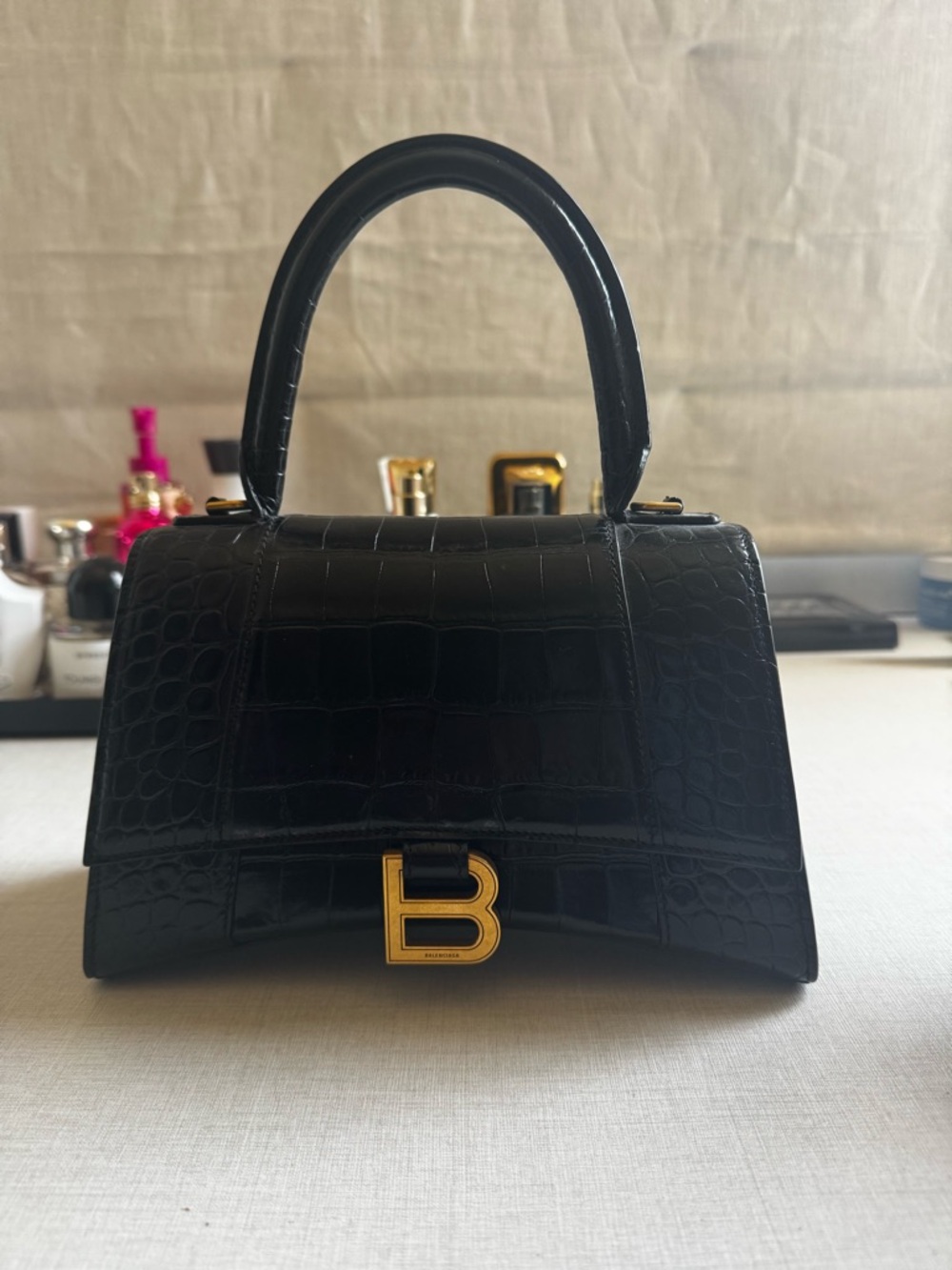 Balenciaga Black Croc-Embossed Small Top Handle Bag with Gold B Logo